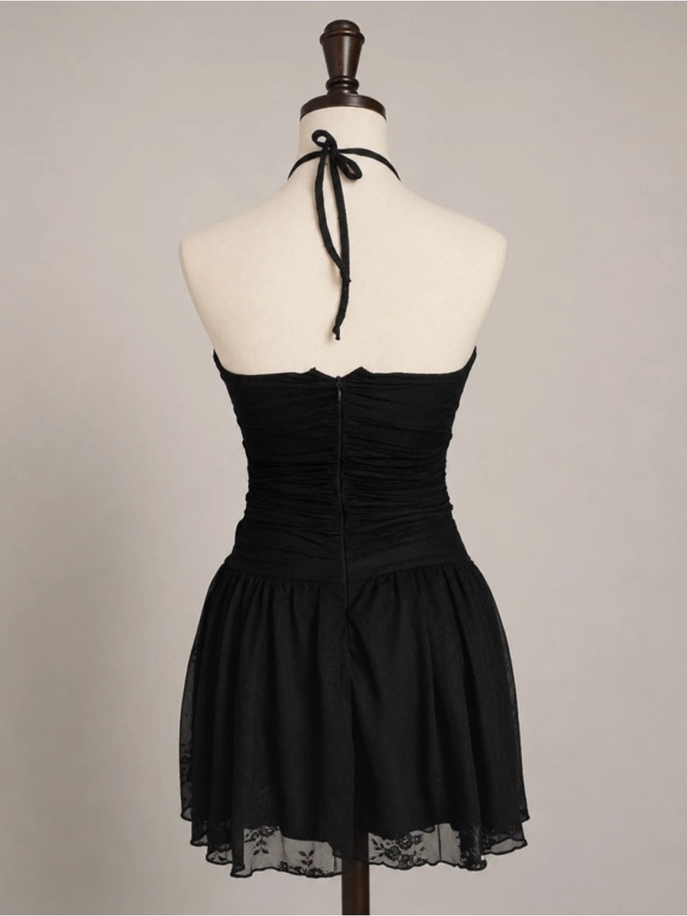 Black Halter Cutout Ruched Skater Mini Dress Lace Trim - Picture 3 of 7